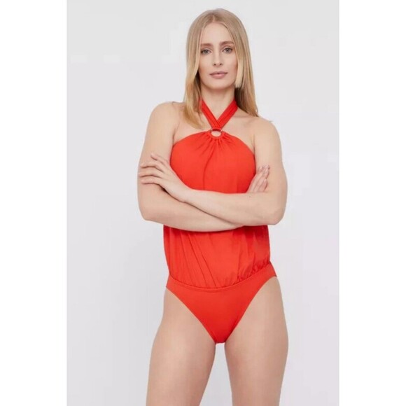 Michael Kors Women's Poppy Logo Ring Halter Blouson One Piece Swimsuit Size 6 - Picture 3 of 6